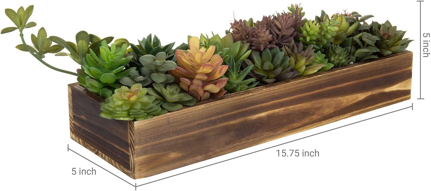 MyGift Artificial Succulent Centerpiece, 15.75 Inch Faux Succulents Arrangement Plants in Rustic Burnt Wood Rectangular Planter Box
