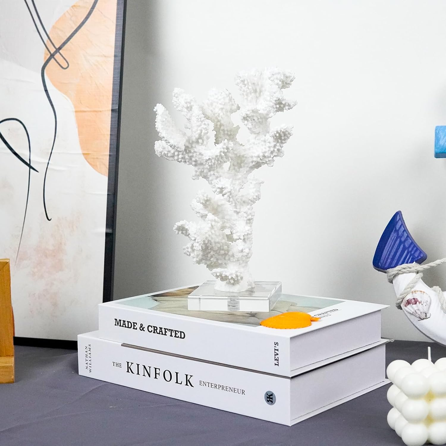 Coral Beach Decor, 9.5'' High x 5.2'' Width Artificial Resin Coral Reef Statue for Ocean Coastal Beach Nautical Themed Room Bathroom Decor for Home,RB1002W,White