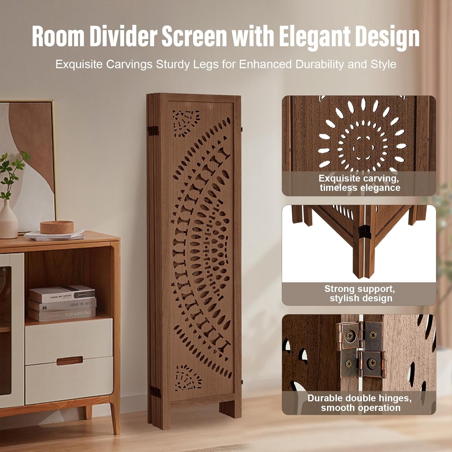 6 Panel Wood Room Divider Fully Assembled, Decorative Room Dividers and Folding Screens, 5.6Ft Room Divider Screen Freestanding Partition Wall Dividers for Home Bedroom Office, Dark Brown