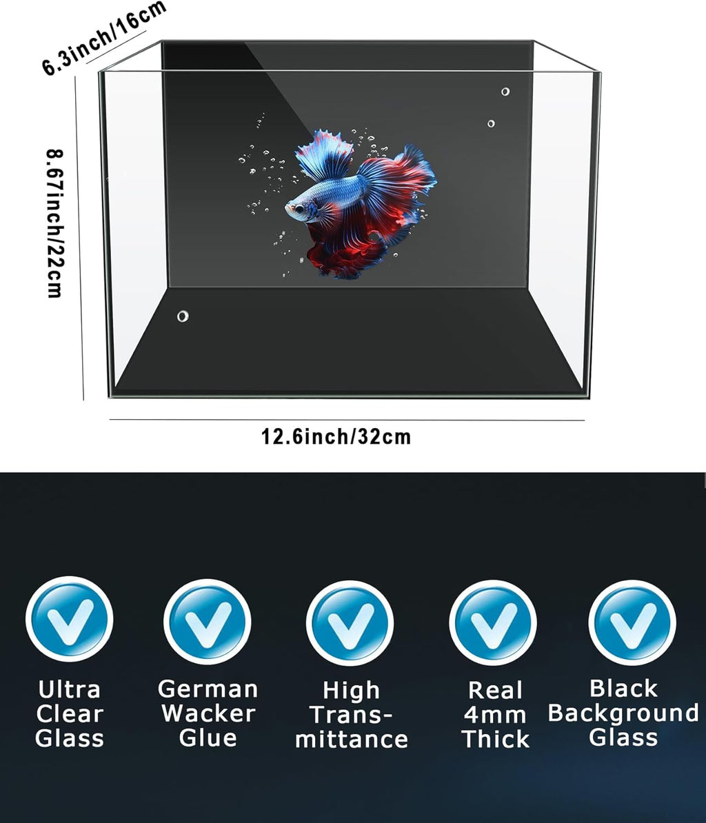 Fish Tank, 3 Gallon Ultra-Clear Glass Fish Aquarium, with Separator Plate for Betta, Fish Tank Starter kit with Filter and Led Light, Black