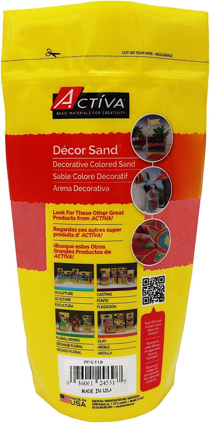 Activa Pink Decorative Colored Sand in Resealable Bag, 5lb (2.27kg) | Fine Grain & Fade-Proof Sand for Arts & Crafts