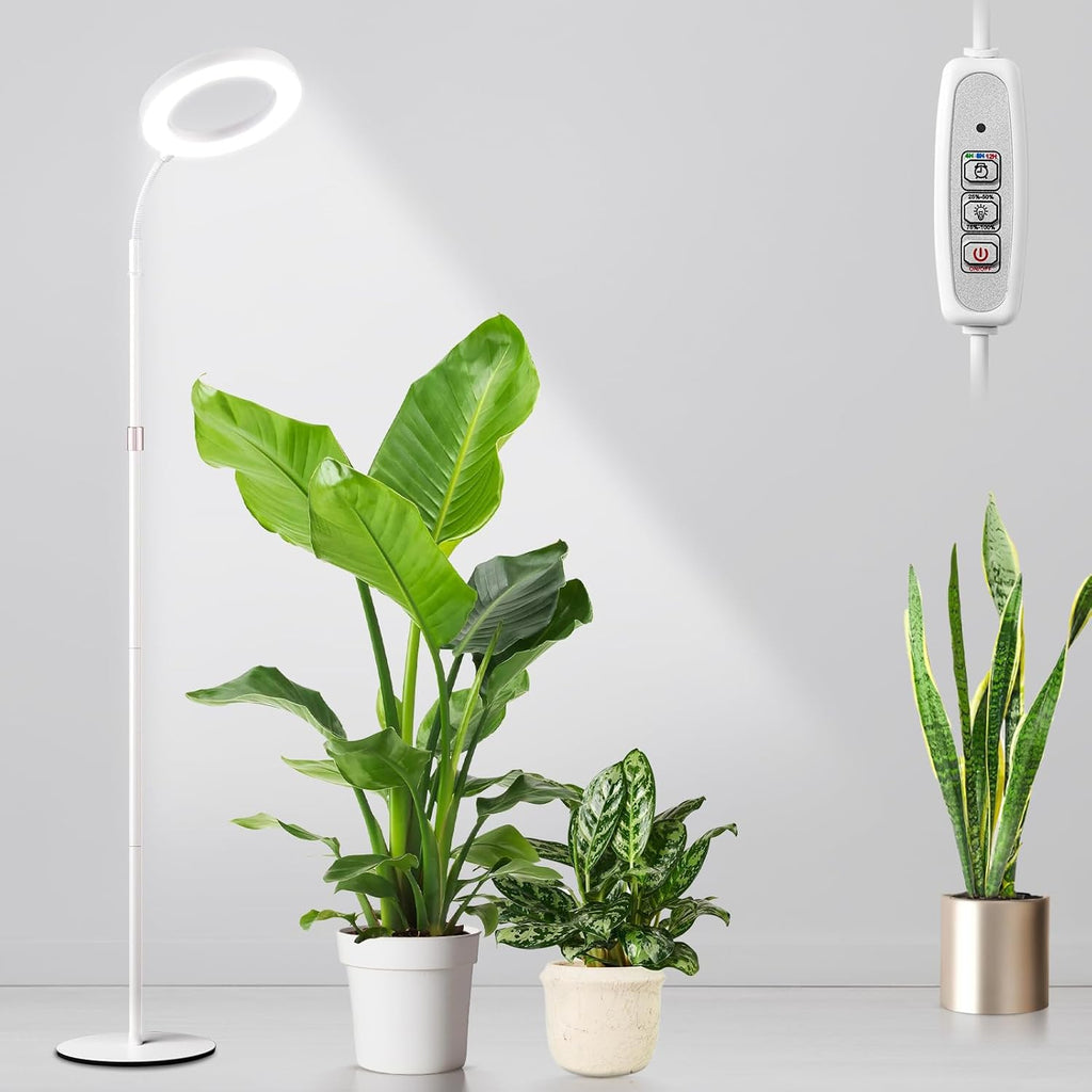 LBW Full Spectrum Grow Light with Stand – Adjustable Height (48.8-64.6"), Auto Cycle Timer (4/8/12H), 4 Brightness Levels, for Large Indoor Plants (White)