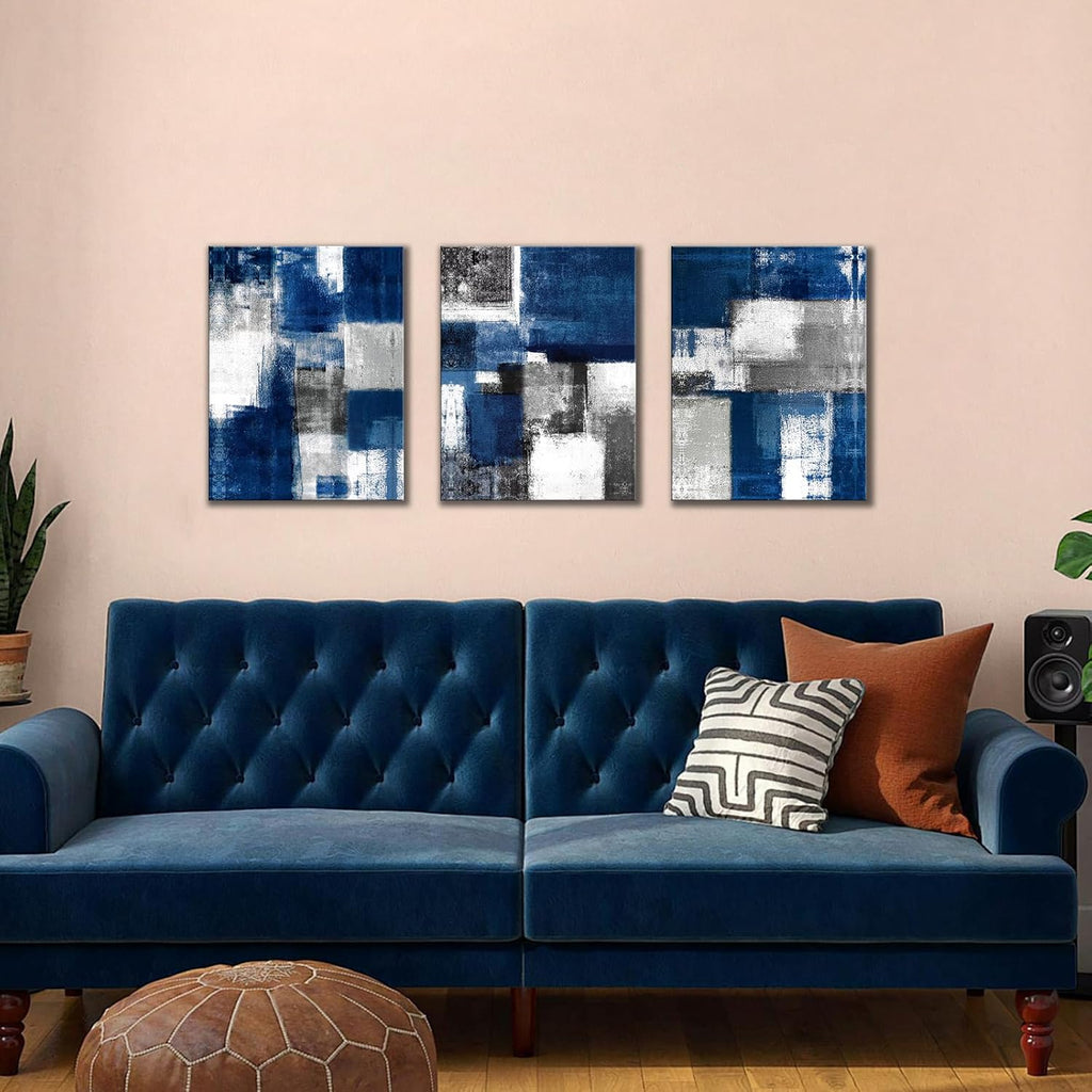 The Mode Art 3 Panels Picture Canvas Print Blue Abstract Poster Photo Painting Modern Wall Artwork for Home Office Living Room Bedroom Decor Gallery Wrap 12x16inch (Multi)
