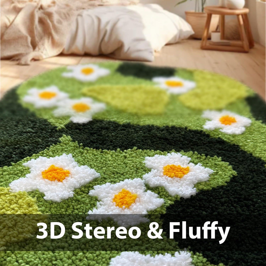 Green Floral Irregular Shaped Rug, Runner, Ultra Thick Soft Microfiber Bath Mat, Water Absorbent Non-Slip Shower Floor Decor, Aesthetic Trendy Rugs for Bedroom, 43x20 Inches