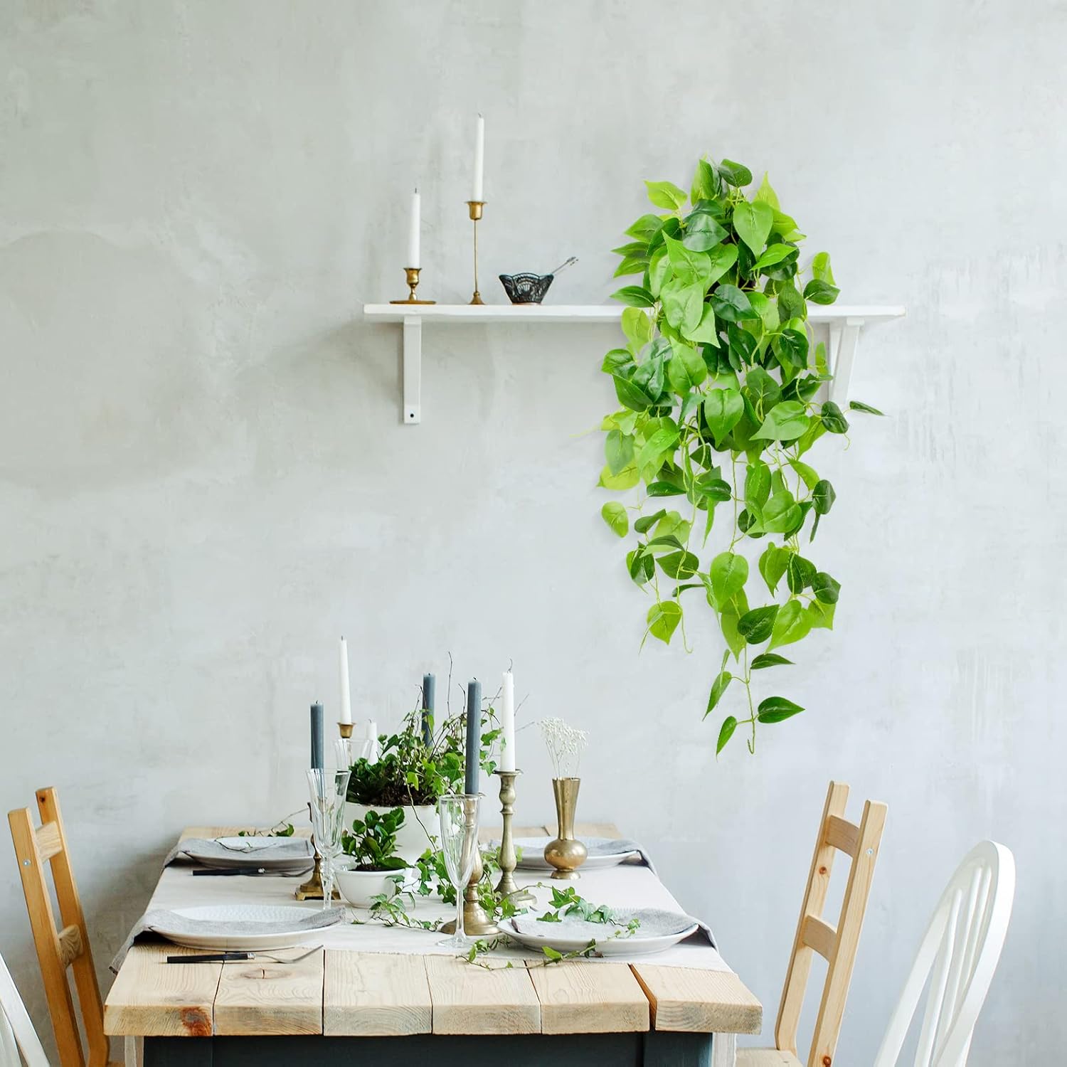 LOYWREE 35.4in Artificial Plants in Black Pot Realistic Fake Hanging Potted Greenery with Faux Ivy Vine & Pothos - Ideal for Shelf, Home, Office, Indoor & Outdoor Garden Decor