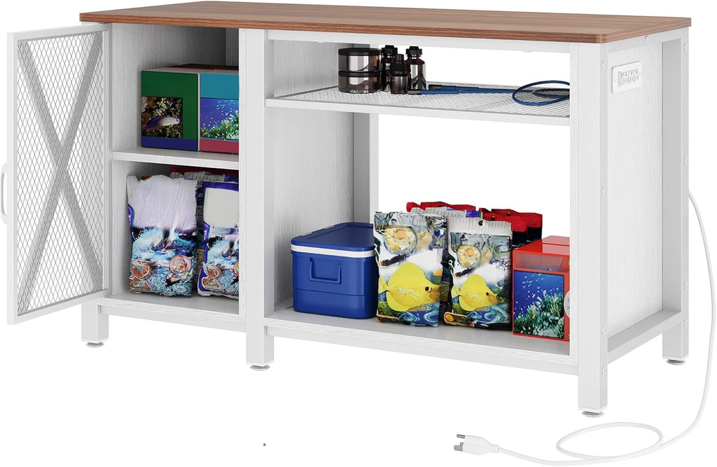 DWVO Heavy Duty Metal Aquarium Stand with Power Outlets, Cabinet for Fish Tank Accessories Storage - Suitable for 55-75 Gallon Fish Tank Stand, Turtle Tank, 860LBS Capacity, White & Walnut