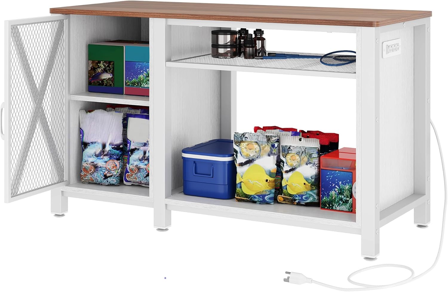 DWVO Heavy Duty Metal Aquarium Stand with Power Outlets, Cabinet for Fish Tank Accessories Storage - Suitable for 55-75 Gallon Fish Tank Stand, Turtle Tank, 860LBS Capacity, White & Walnut