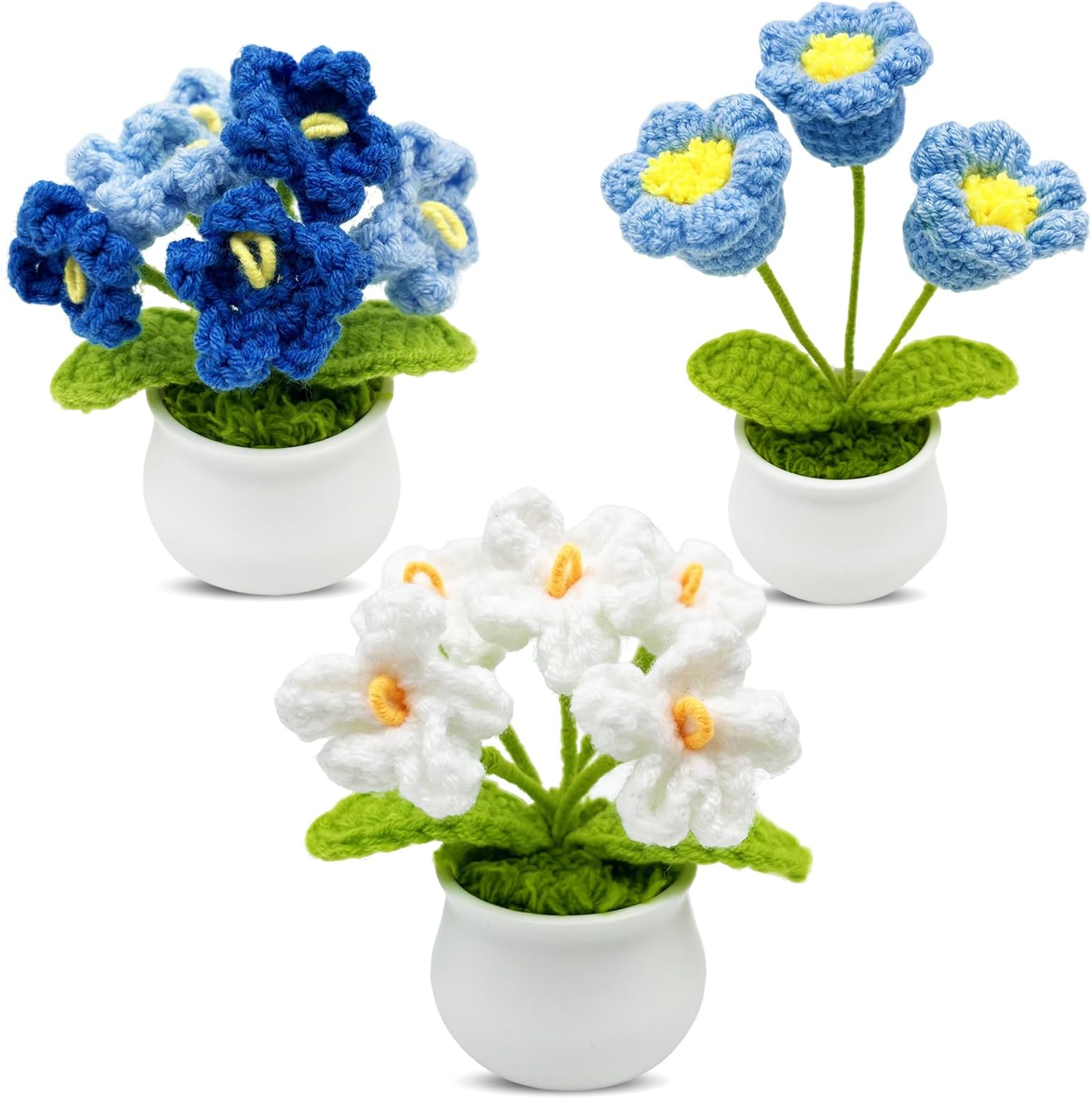 3pcs Crochet Flowers Cute Potted Flower,Mini Flower Bouquet for Mom Wife, Cute Desk Decor for Women,Artificial Handmade Flowers for Car Dashboard,Home Office Decoration (Color#3)