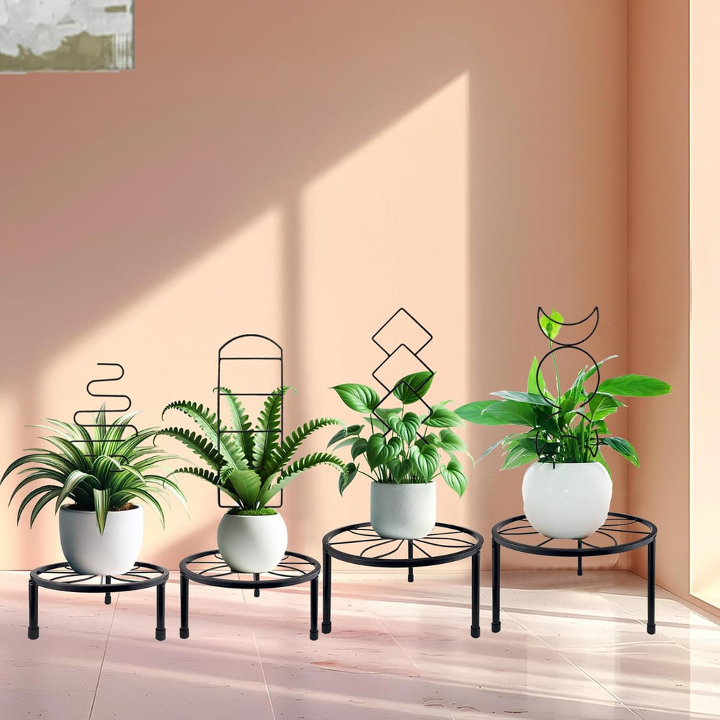 4 Packs 19 in Heighten Trellis for Climbing Plants Indoor, HENABLE Small Garden Metal Trellis for Potted Plants Outdoor for Vine Ivy Flower Plant Support, 4 Different Black Iron Patterns