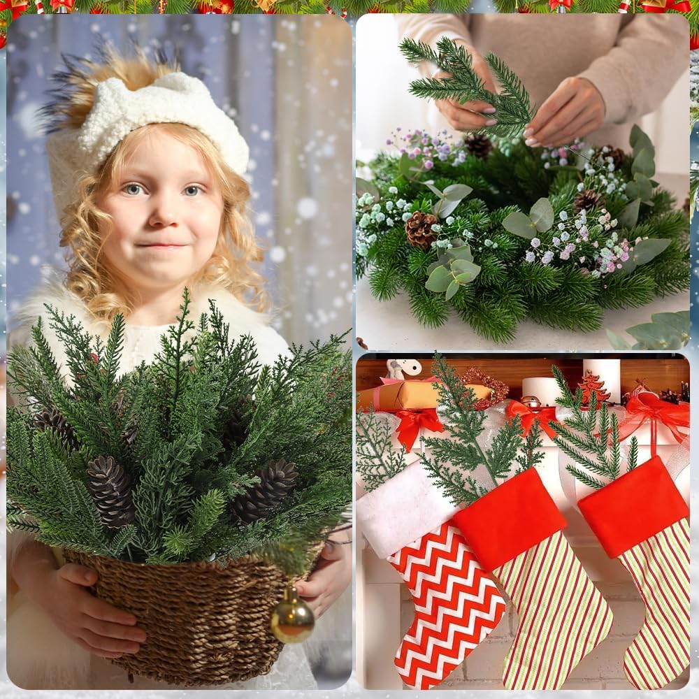 50PCS Christmas Norfolk Pine Branches, 6 Styles Artificial Christmas Norfolk Branches Artificial Greenery Real Touch Pine Needle Branches Stems Sprigs for Xmas DIY Making Garland Wreath Home Decor
