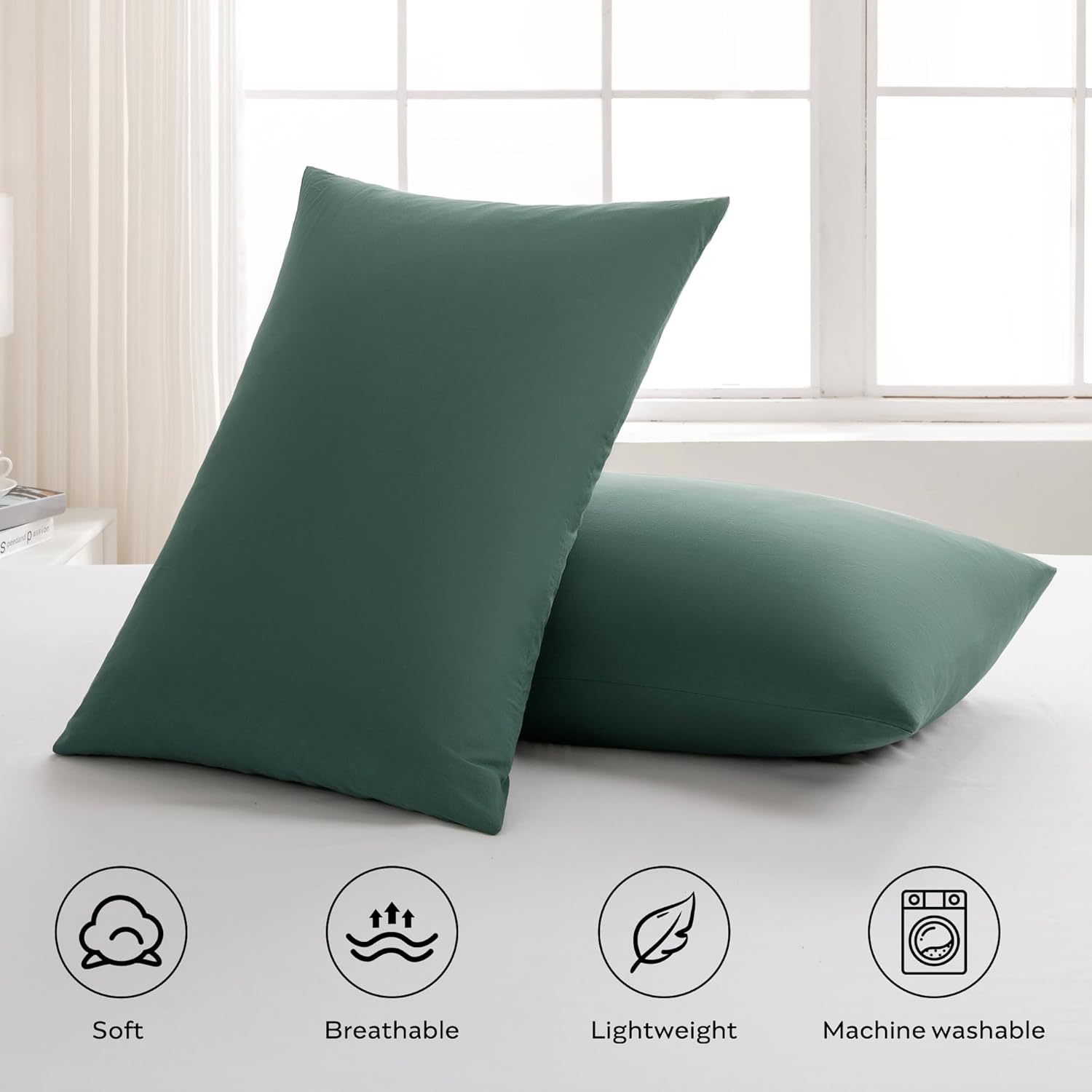 JELLYMONI Pillowcases Standard Set of 2 Cotton Envelope Pillow Covers Dark Green 20×26in Bed Pillow Cases 100% Washed Cotton Soft Breathable (Pillows are not Included)