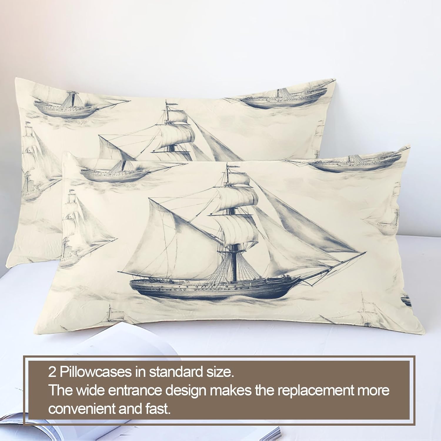 Nautical Duvet Cover Twin Vintage Old Sailboat Bedding Set 2 Piece for Kids Bedroom Ocean Boat Sketch Patterned Comforter Cover with Zipper Ties & 1 Pillowcases