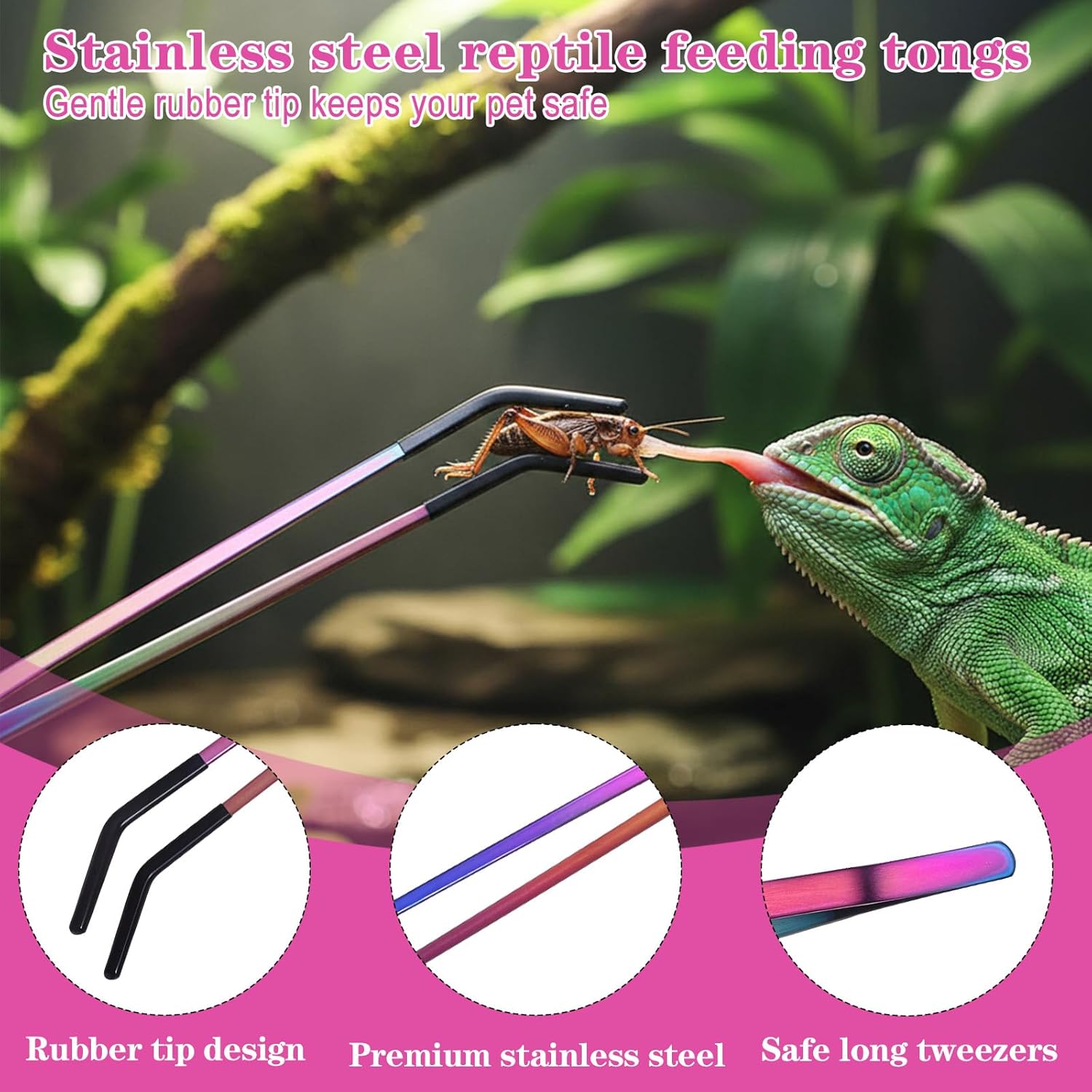 3PCS Stainless Steel Reptile Feeding Tongs with Rubber Tip, 10.6" Straight Curved Long Tweezers, Extra Long Aquarium Tweezers for Bearded Dragons, Lizards, Terrarium Tank Supplies