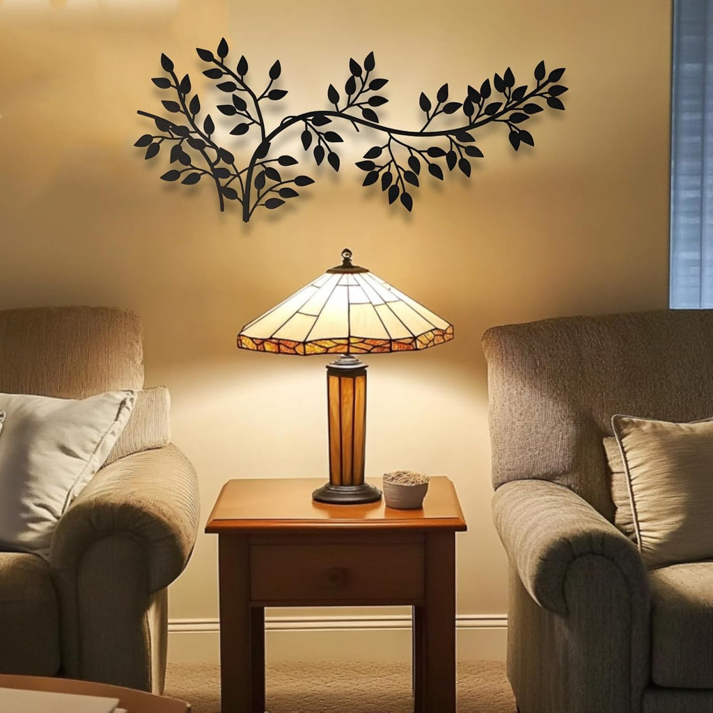 Elegant Metal Tree Wall Art Decor,Modern Branch Design with Ivy & Palm Leaf Accents,Black Metal Wall Sculpture for Living Room, Bedroom (42" x 19" | 106 x 49cm)