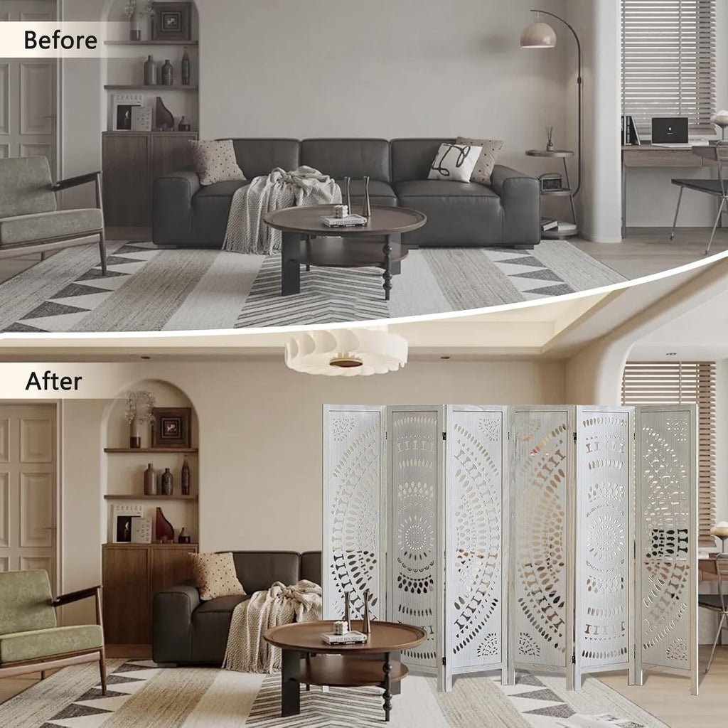 6 Panel Wood Room Divider Fully Assembled, Decorative Room Dividers and Folding Screens, 5.6Ft Room Divider Screen Freestanding Partition Wall Dividers for Home Bedroom Office, White