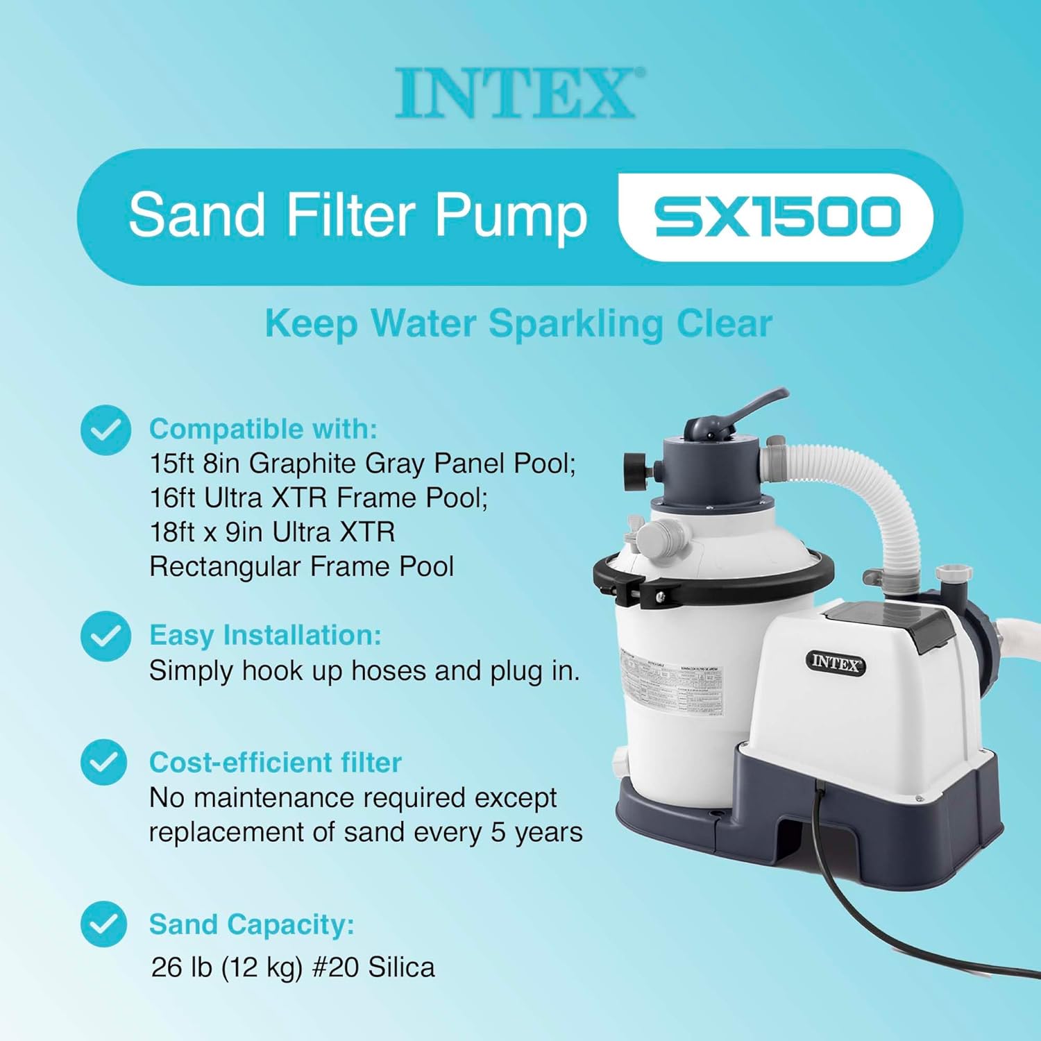 Intex 26643EG Krystal Clear 1500GPH Sand Filter Pump for Above Ground Pools Bundled with OptiFlow Premium Pure Silica Filter Sand, 50 lb Bag