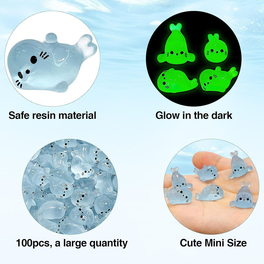 100Pcs Glow in The Dark Mini Seal Figurines Cute Luminous Resin Sea Animals 4 Styles Seal Pup DIY Tiny Ocean Creatures for Fairy Garden Aquarium Decor