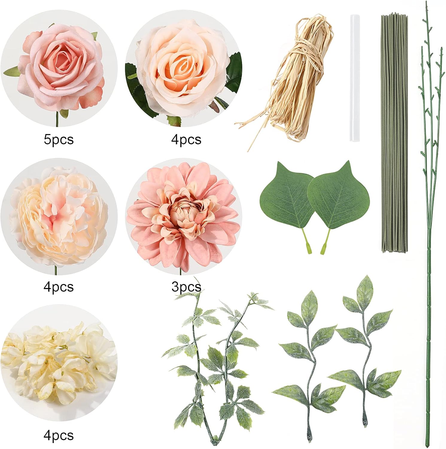 YYHUAWU Artificial Flowers Combo Box Set Gradient Color Flower Leaf with Stems for DIY Wedding Bouquets Centerpieces Baby Shower Party Home Decorations Peach