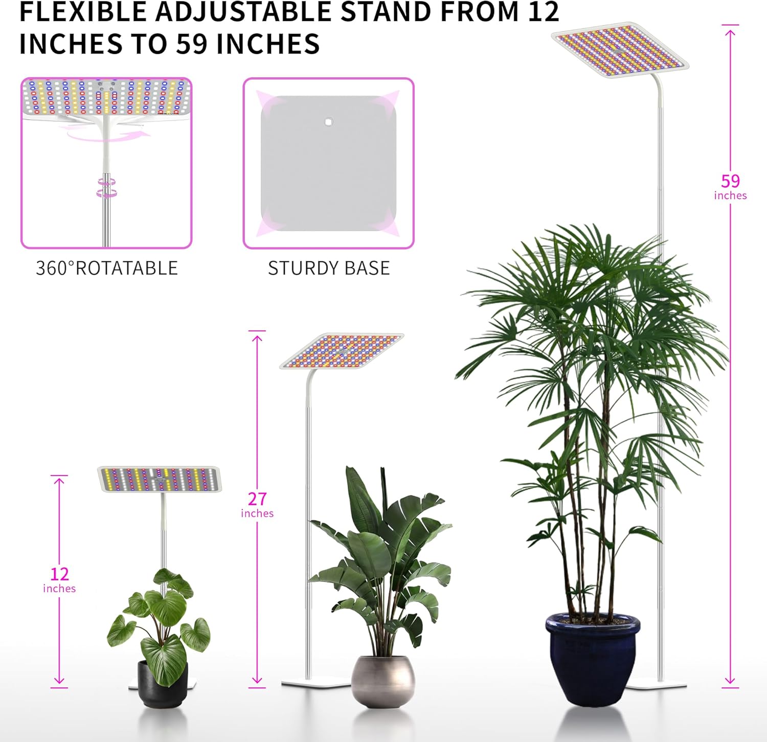 BESTVA 48W Grow Lights for Indoor Plants with Stand, Full Spectrum LED Plant Light for Indoor Plants,12-59 Inches Height Adjustable Growing Lamp with Auto On/Off Timer 4H/8H/12H, 4 Dimmable Brightness