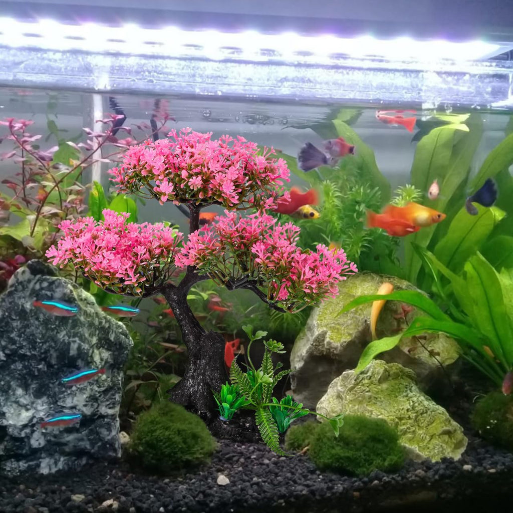 Garneck Aquarium Artificial Plants Pink Cherry Blossom Tree Grass Set Fish Decorations for Tank Accessories Home Office Fish Tank Aquarium Decorations