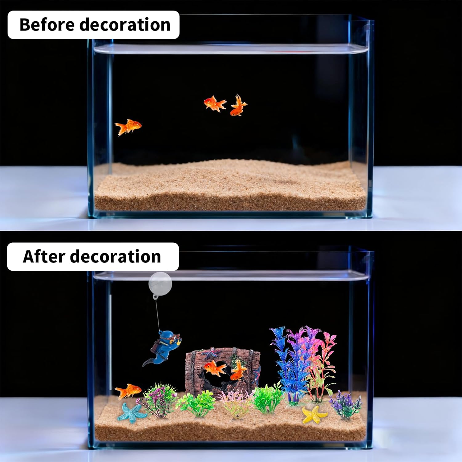 COMSUN 12 PCS Aquarium Decoration Broken Barrel Set, Plastic Aquarium Plants, Resin Floating Diver Fish Tank Decorations & Resin Starfish, Small Fish Tank Ornaments for Pet Fish to Hideout and Rest