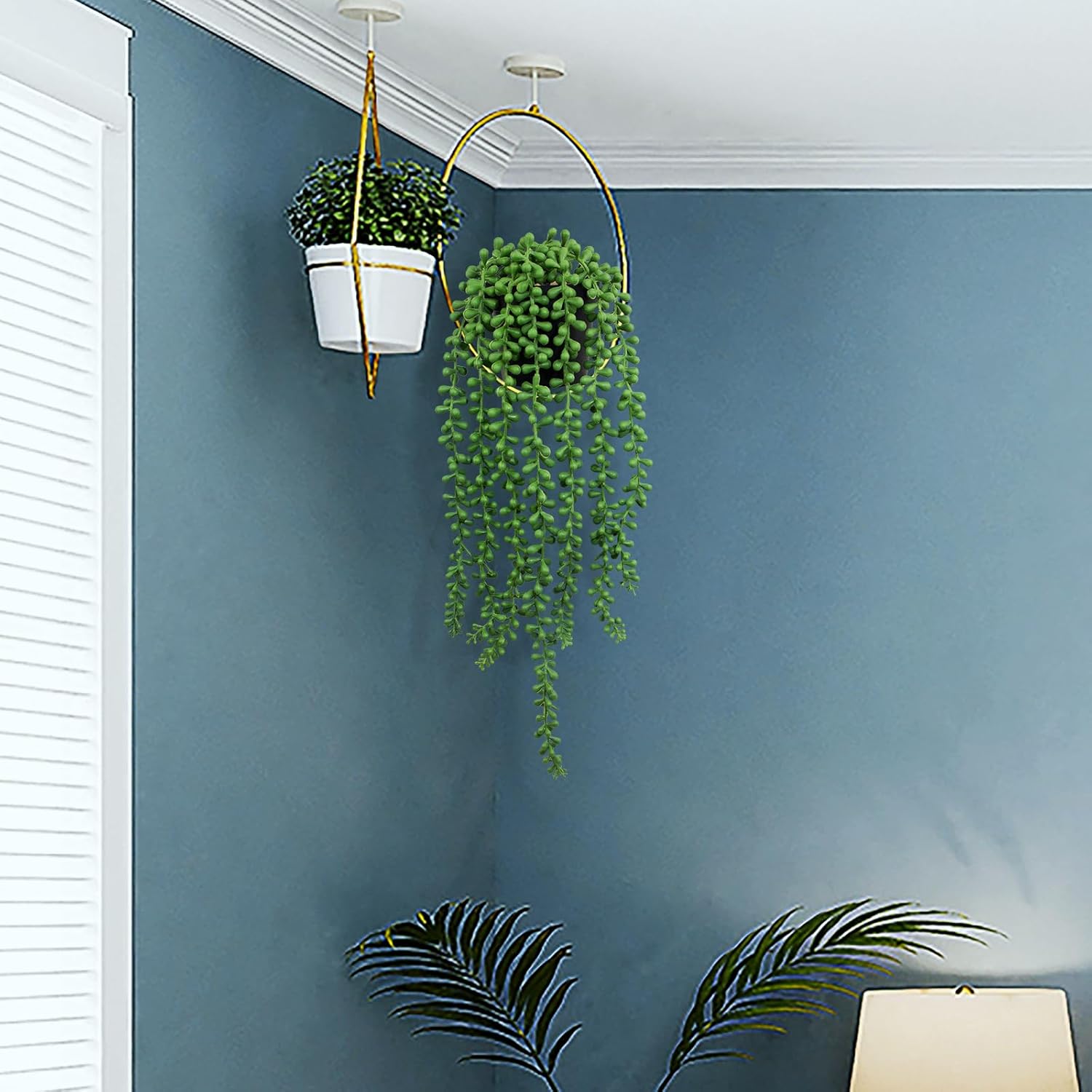 LOYWREE Fake Plants Indoor Artificial String of Pearls Plant in Black Pots, Realistic Green Faux Succulent Hanging Plants for Shelf Decor Desk Home Garden Decorations