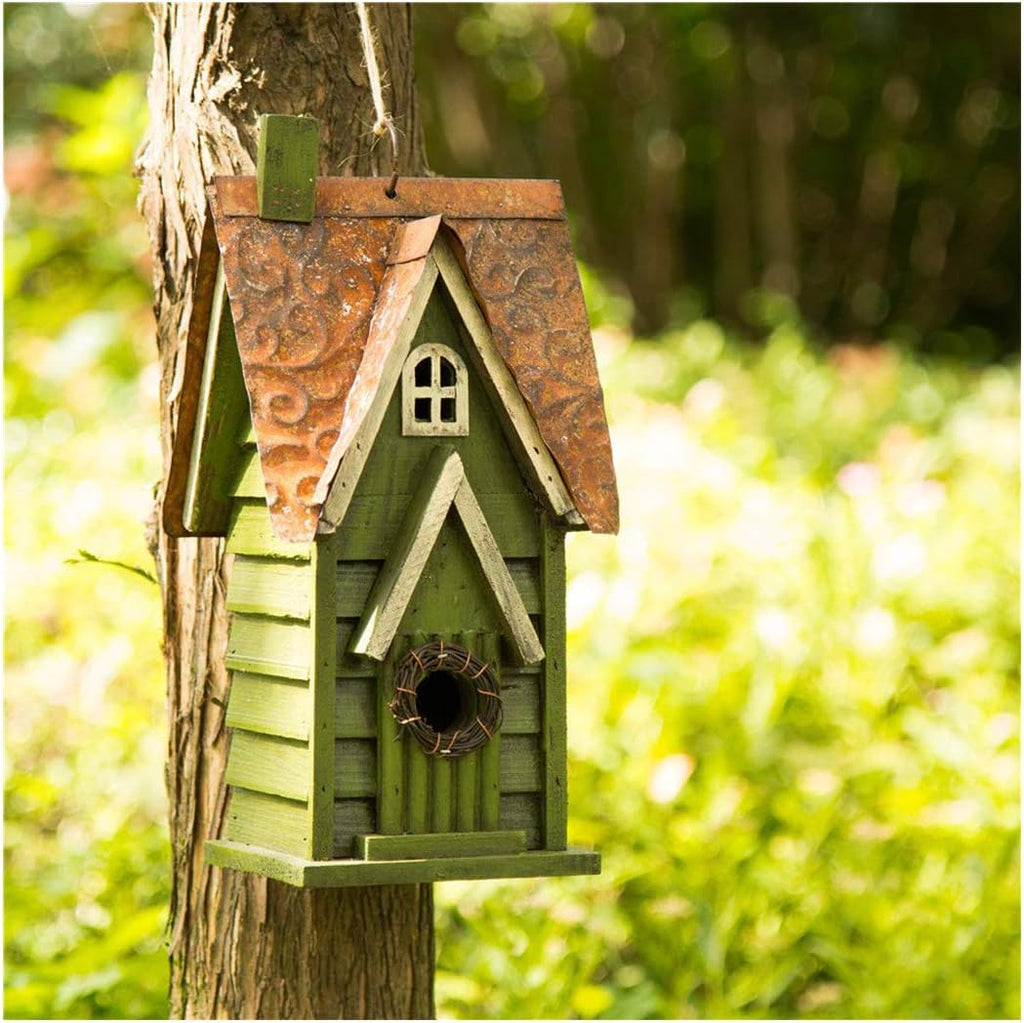 Glitzhome Bird Houses for Outdoors, Hand Painted Distressed Wooden Bird House Hanging Garden Birdhouse for Outside, Decorative Birdhouses for Bluebird Hummingbird Wren Finch Cardinals Cedar 12" H