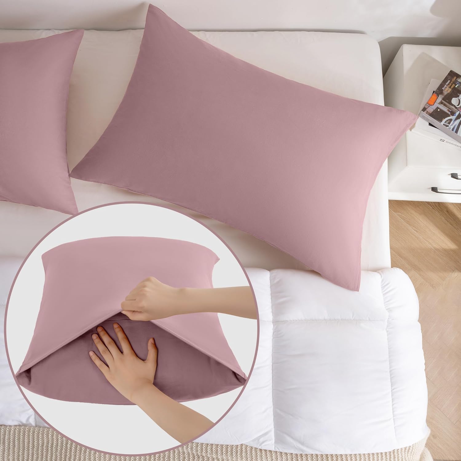 JELLYMONI Pillowcases Standard Set of 2 Cotton Envelope Pillow Covers Pink 20×26in Bed Pillow Cases 100% Washed Cotton Soft Breathable (Pillows are not Included)