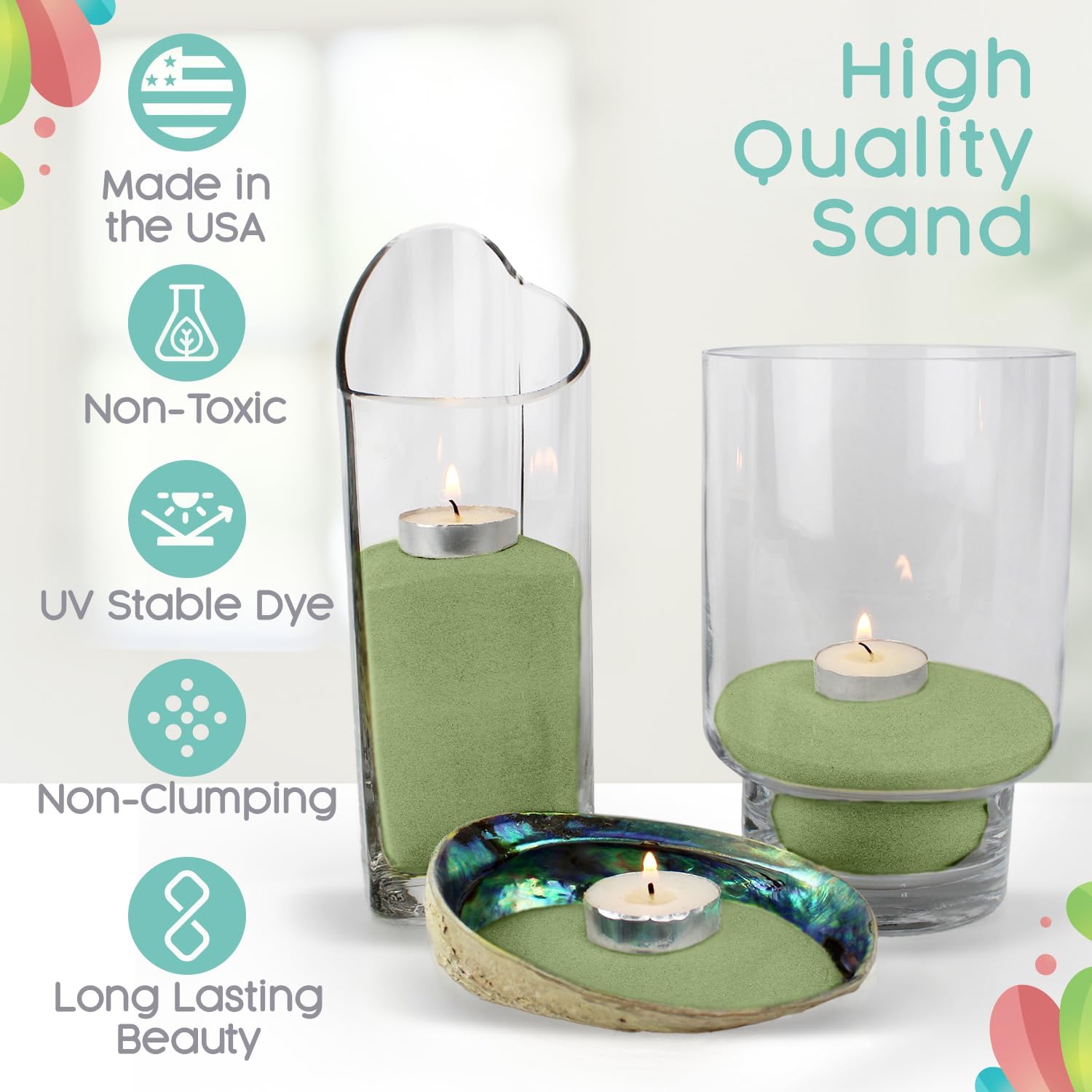 Sandsational Sparkle Sage Green and White Unity Sand 2 Pack, 1 LB (16 oz) of Each Color, Colored Sand for Weddings, Vase Filler, Home Décor, Crafts, Terrariums, and More