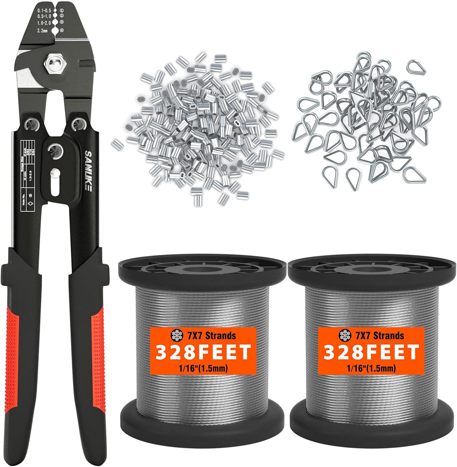 Sanuke Wire Rope Crimp Kit with 656ft 1/16 304 Stainless Steel Cable 7x7 Strand Core, 400PCS 1/16'' Aluminum Crimp Loop Sleeves and 100PCS M2 Wire Rope Stainless Steel Thimble