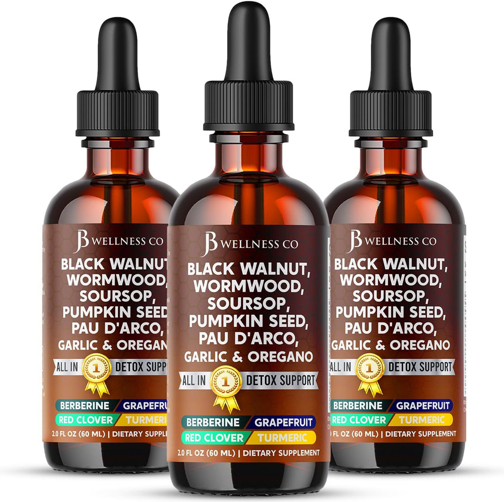Wormwood Black Walnut Cleanse for Humans Drops Liquid Soursop Garlic Pumpkin Seed PAU D'Arco Oil of Oregano Turmeric Berberine Neem Extract Hull Bark Tincture - 6 oz