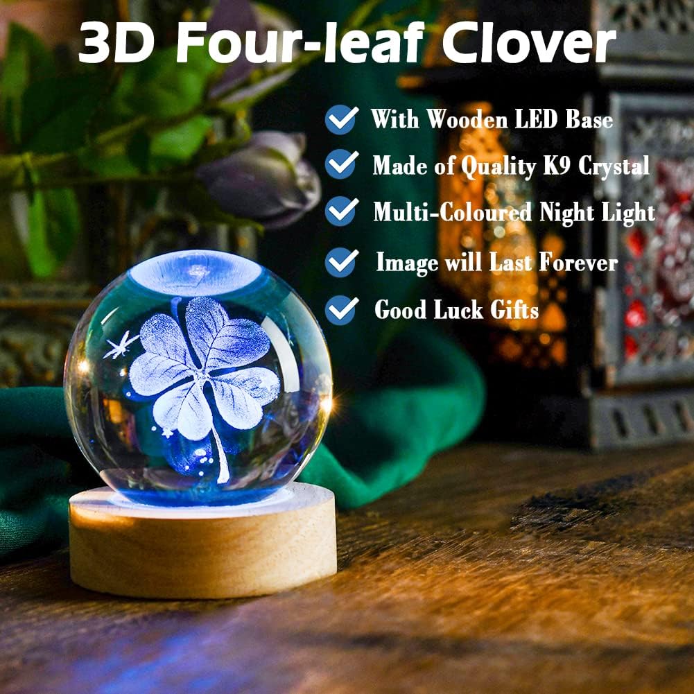 3D Four-Leaf Clover Crystal Ball 60mm Good Luck Gifts Ideas with Multicolor Lighting Base
