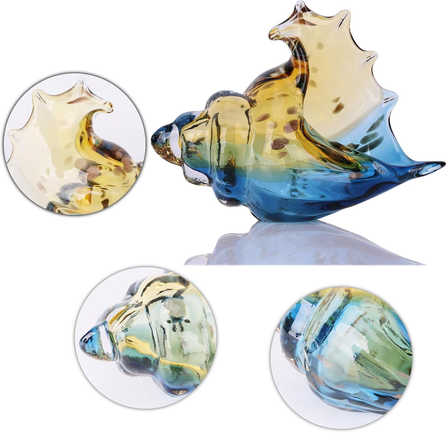 Hand Blown Glass Conch Statues, Blue and Amber Glass Art Figurines, Conch Shells for Coastal Home Decor, Living Room TV Stand and Bookcase Decor, Bathroom Shelf Tops and Cabinet Decor.