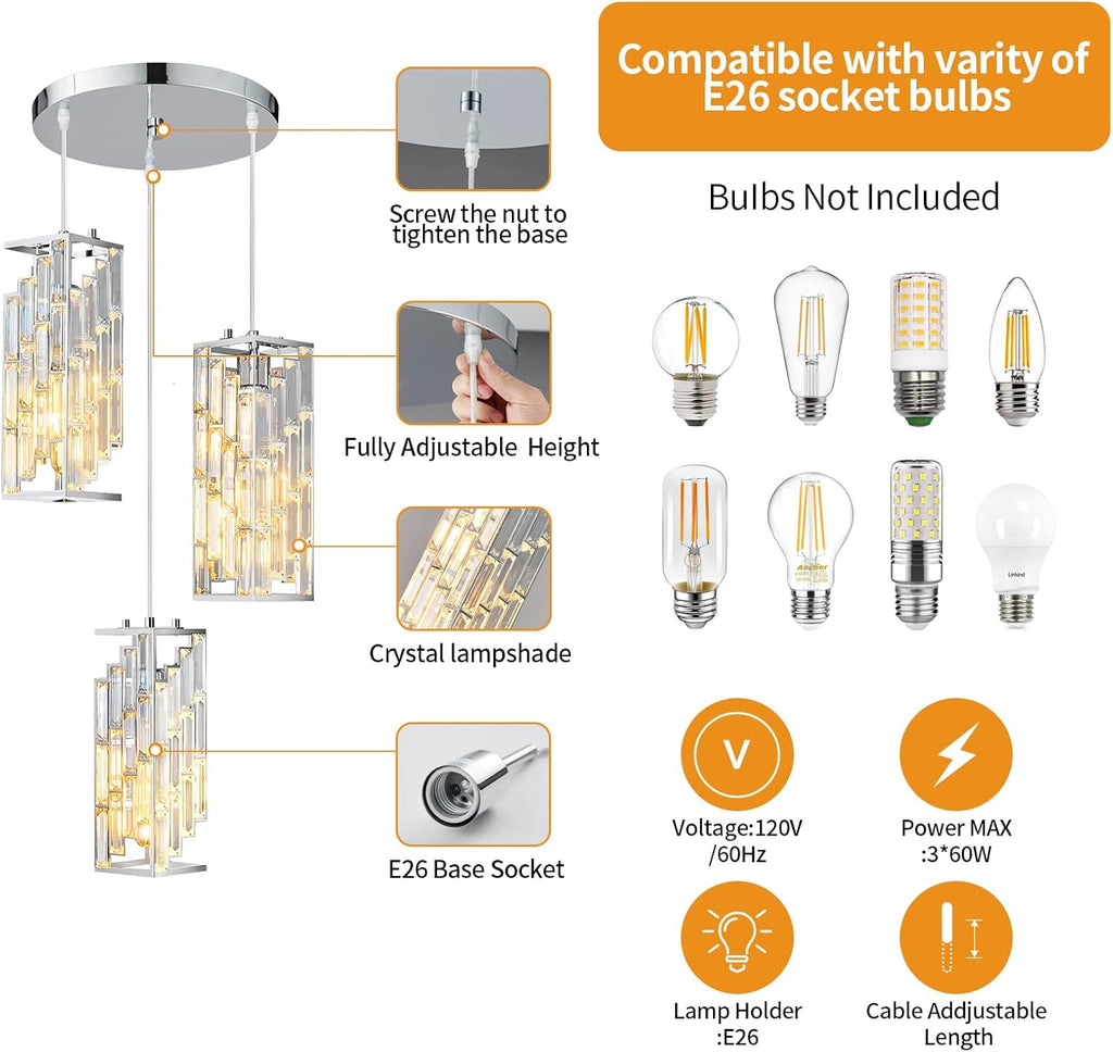Chrome Pendant Lighting Modern Pendant Light, Mini Crystal Chandeliers,Adjustable Pendant Light Fixture for Kitchen Island Dinning Room Bedroom (3 Light)
