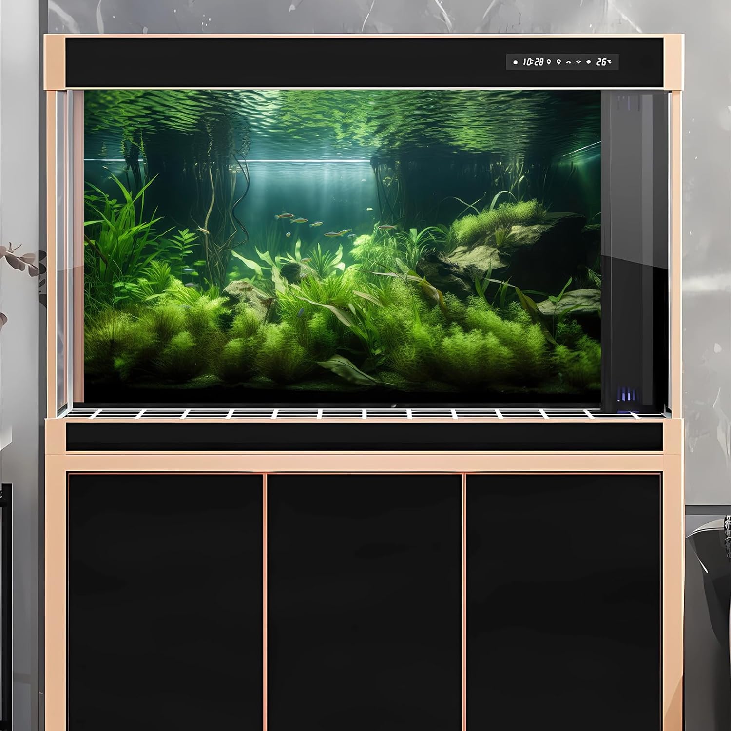 Underwater Aquarium Background Lush Green Aquatic Plants with Sunbeams Fish Tank Background Underwater Rooted Species Stone with Moss Tropical Fish Terrarium Background Vinyl 48x18in