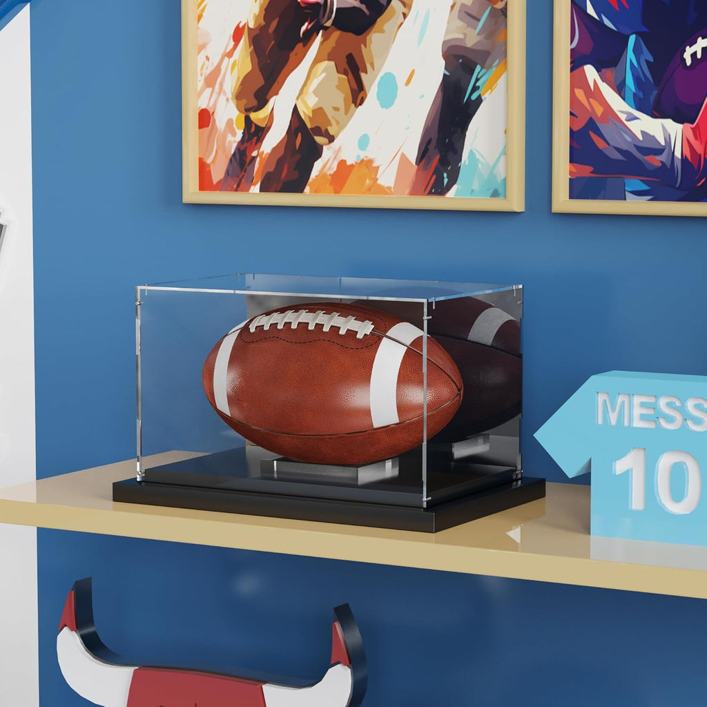 Putros Football Display Case with Mirror and Black Metal Grooved Base Acrylic Football Case with Transparent Removable Built-in Football Display Stand for Autographed Football