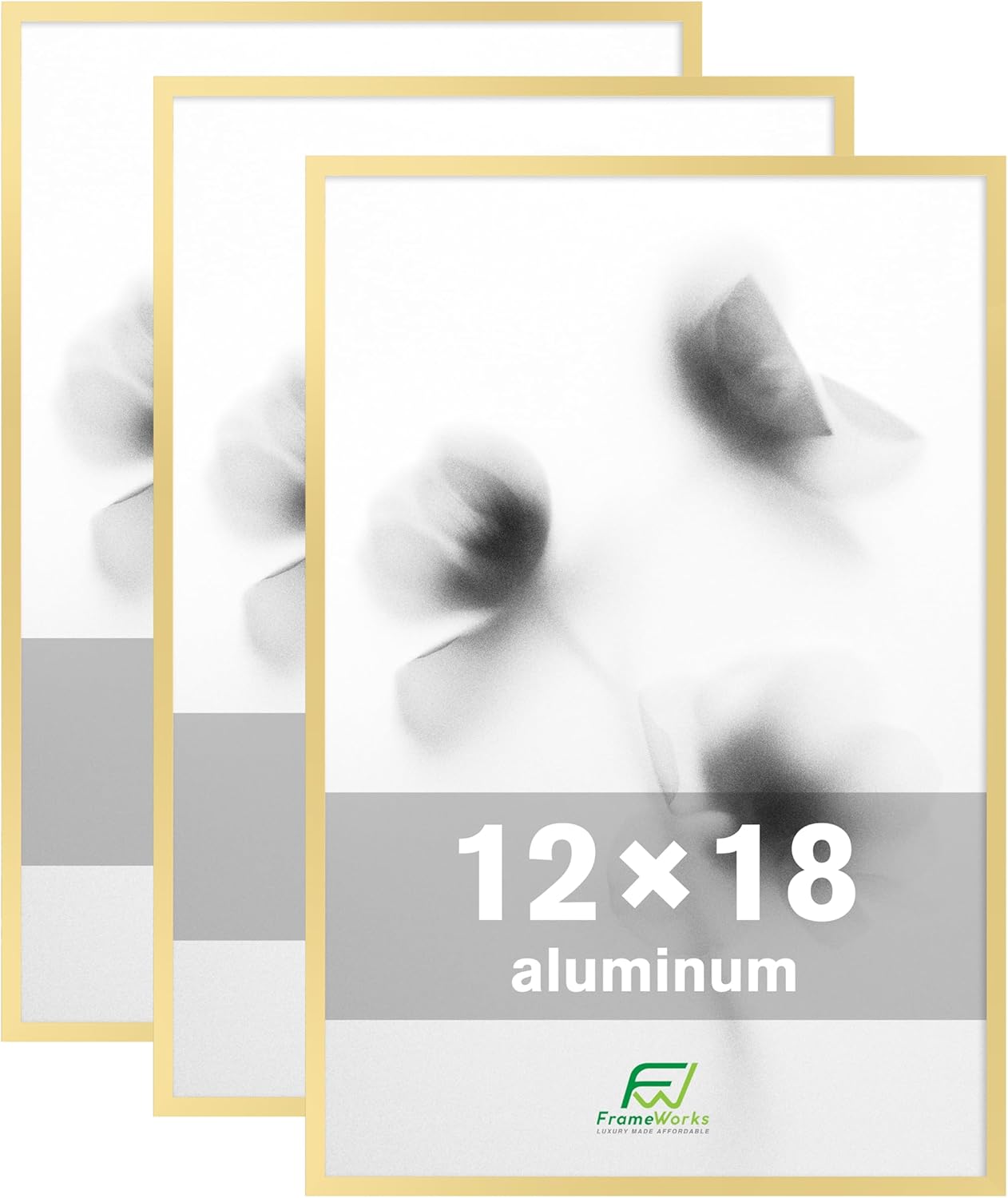 FrameWorks 12x18 Brushed Aluminum Poster Frames – Modern Brushed Metal Design w/Shatterproof Plexiglass, Perfect for Posters, Artwork, Paintings, Wall Displays – Home or Office Decor, Gold - 3 Pack