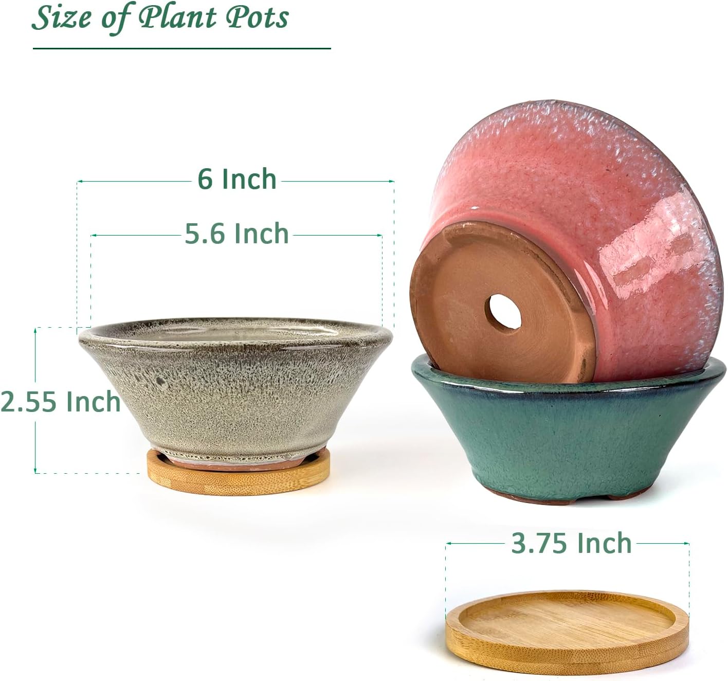 6 Inch Glazed Terracotta Succulent Pot Planter Small Plant Pot with Drainage Hole and Bamboo Saucer Cactus Ceramic Pot Set of 3 (Light Green Pink White)