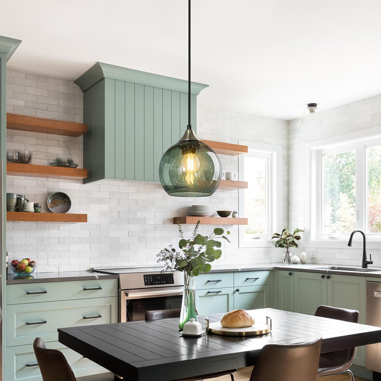 Gray Green Glass Pendant Lights Kitchen Island Lighting Globe Pendant Light Fixtures Modern Pendant Lighting for Kitchen Island Bedroom Living Dining Room Light Fixture(5.9in, 2-Pack)