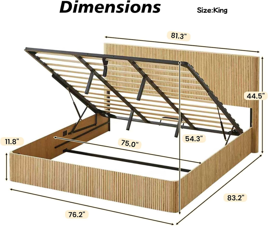 KEIKI King Size Wood Platform Bed Bedframe with Lift Up Hydraulic Storage,Corrugated Curved Lines Design for Bedroom