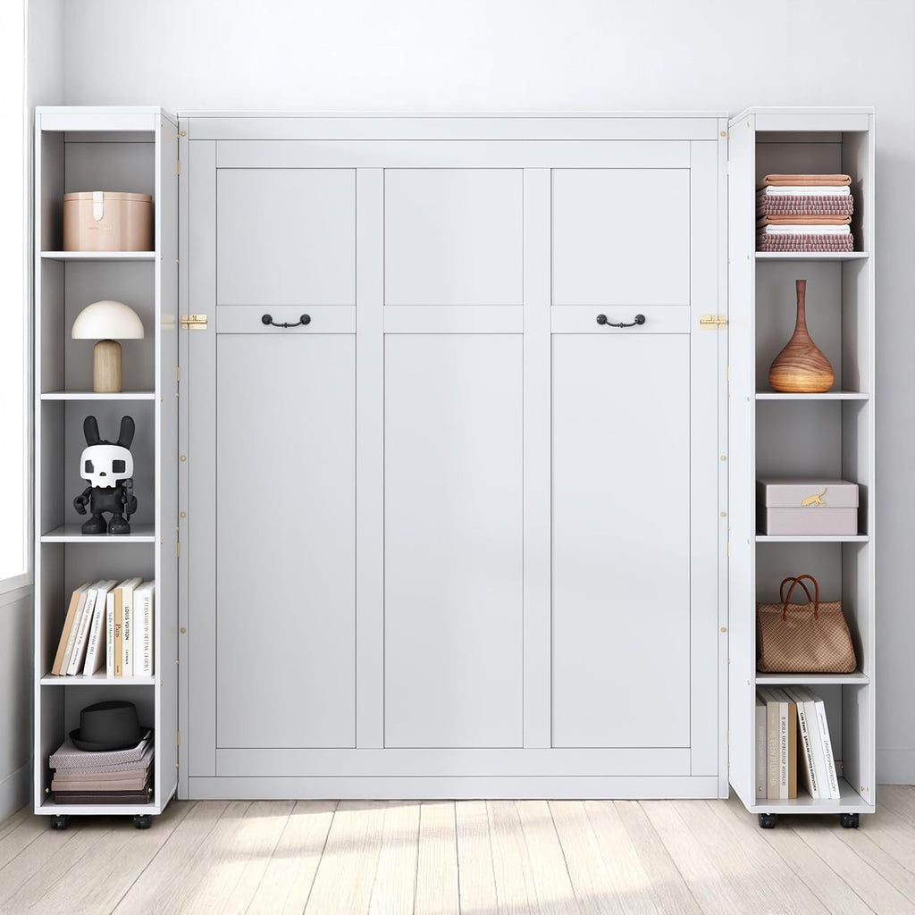 MERITLINE Queen Murphy Bed Cabinet with Storage Bookshelf Bookcase, Wood Hidden Foldable White Murphy Wall Bed with Storage Shelves for Adults