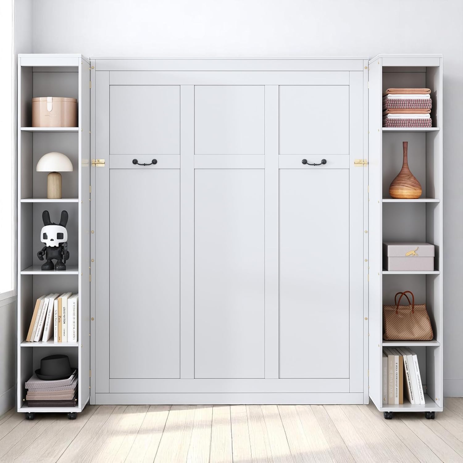 MERITLINE Queen Murphy Bed Cabinet with Storage Bookshelf Bookcase, Wood Hidden Foldable White Murphy Wall Bed with Storage Shelves for Adults