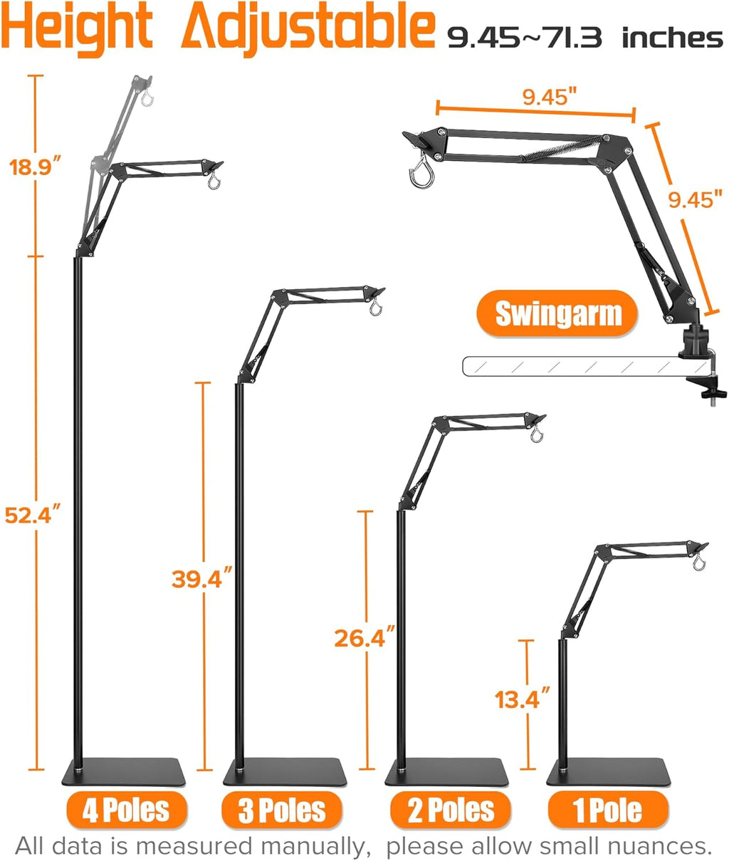 4 IN 1 Metal Reptile Lamp Stand with Swing Arm for Terrarium - Floor Light Stand for Reptile Tank - Adjustable Height & Width & Angle Heat Lamp Holder - Heating Light Bracket & Hanger (Max Height 72")