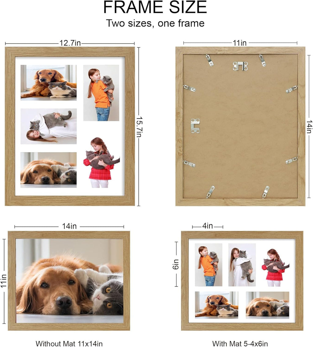 11x14 Picture Frame Set of 2, Natural Oak Wood Frame with Real Glass Collage Picture Frames, Display Pictures Five 4x6 With Mat or 11 x 14 Without Mat, Photo Frames Wall Gallery