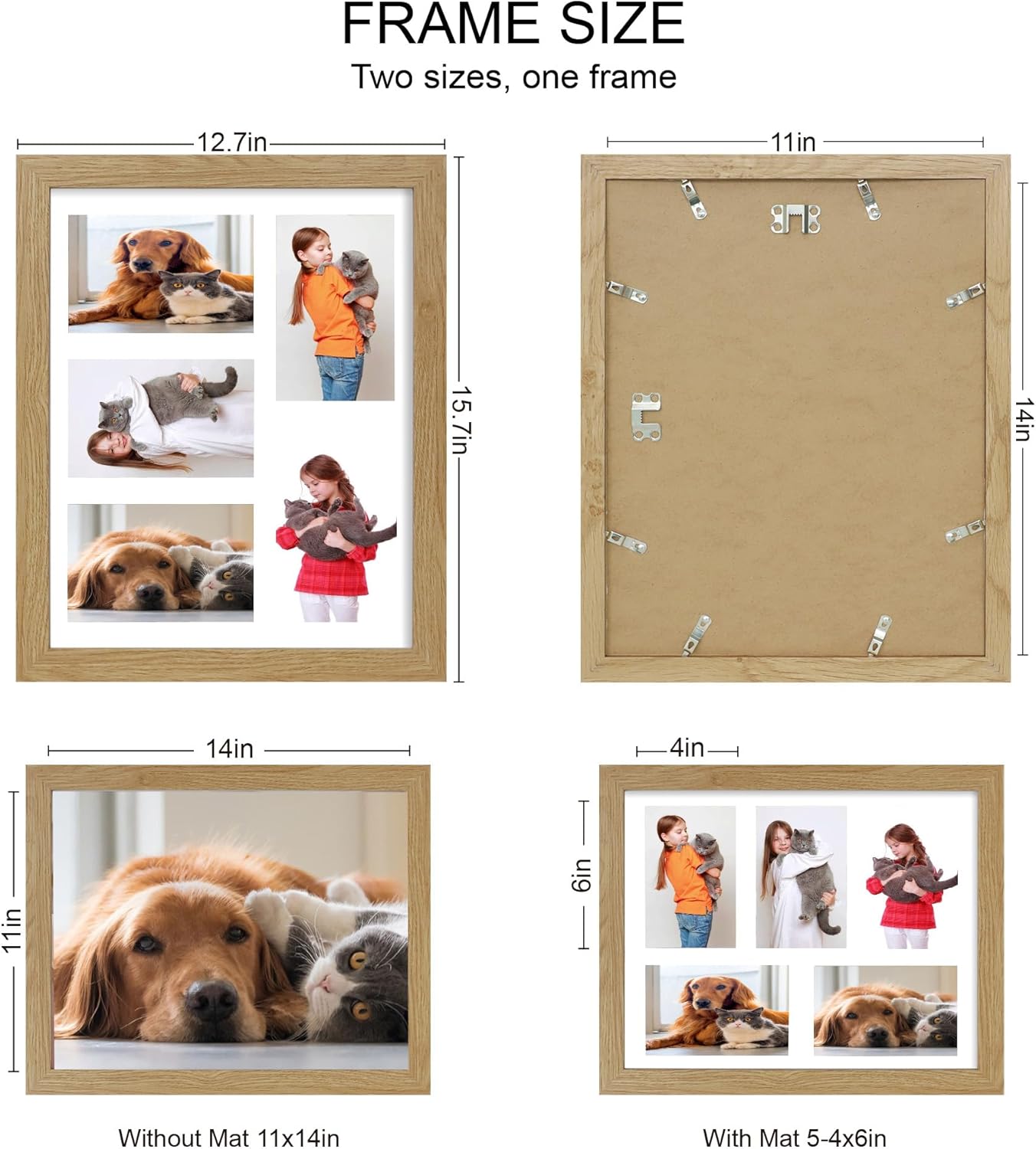 11x14 Picture Frame Set of 2, Natural Oak Wood Frame with Real Glass Collage Picture Frames, Display Pictures Five 4x6 With Mat or 11 x 14 Without Mat, Photo Frames Wall Gallery