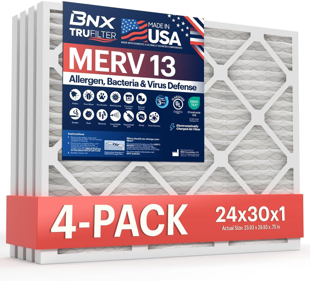 BNX TruFilter 24x30x1 Air Filter MERV 13 (4-Pack) - MADE IN USA - Electrostatic Pleated Air Conditioner HVAC AC Furnace Filters for Allergies, Pollen, Mold, Bacteria, Smoke, Allergen, MPR 1900 FPR 10