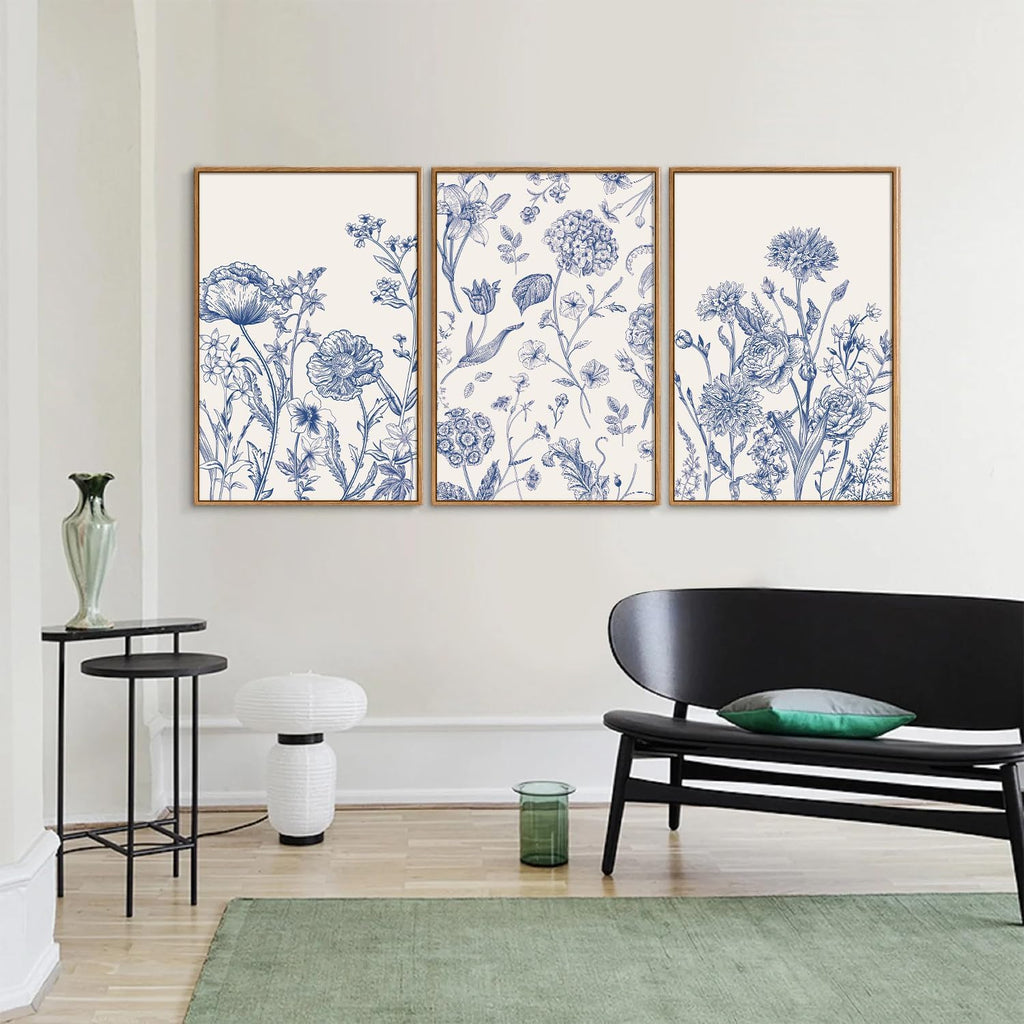 Tinonedraw Large Classic Chinoiserie Flower Framed Canvas Wall Art Set, Navy Blue and White Floral Wall Decor, Minimalist Neutral Botanical Art Printing for Living Room Bedroom Office Dorm 24"x36"x3