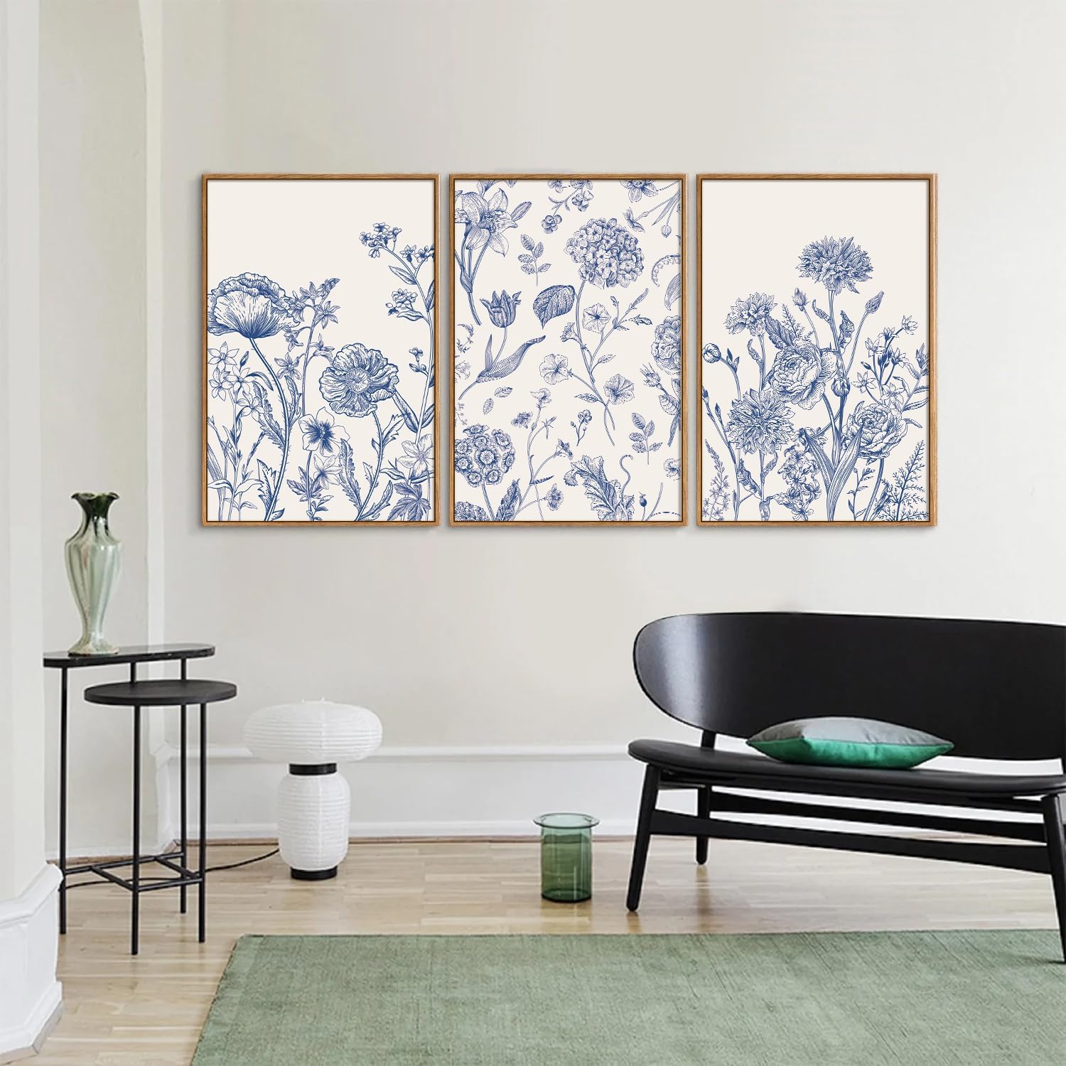 Tinonedraw Large Classic Chinoiserie Flower Framed Canvas Wall Art Set, Navy Blue and White Floral Wall Decor, Minimalist Neutral Botanical Art Printing for Living Room Bedroom Office Dorm 24"x36"x3