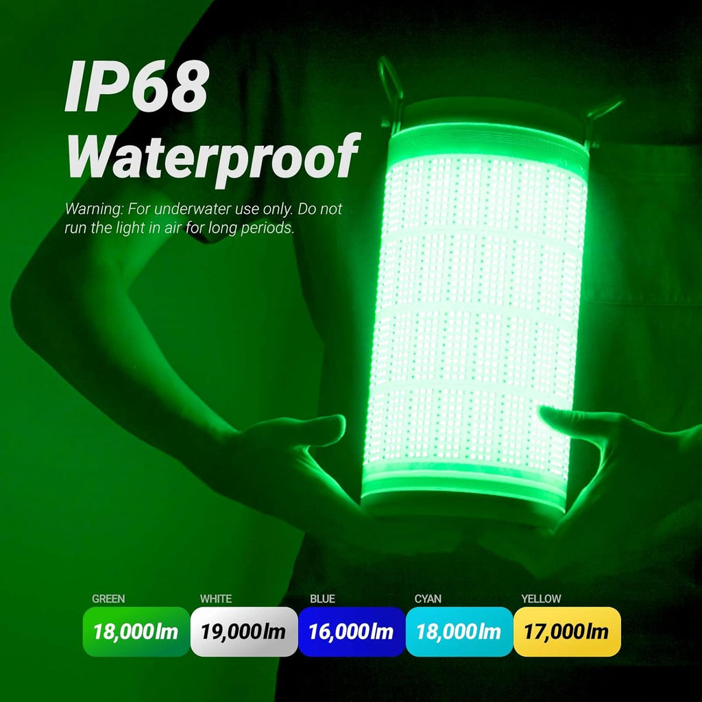 Rechargeable Underwater Fishing Light, Built-in Battery & Cordless, Remote Dimmable, Auto-On in Water, IP68 Waterproof, Multi-Color, Suitable for Boat, Dock, Freshwater, and Saltwater