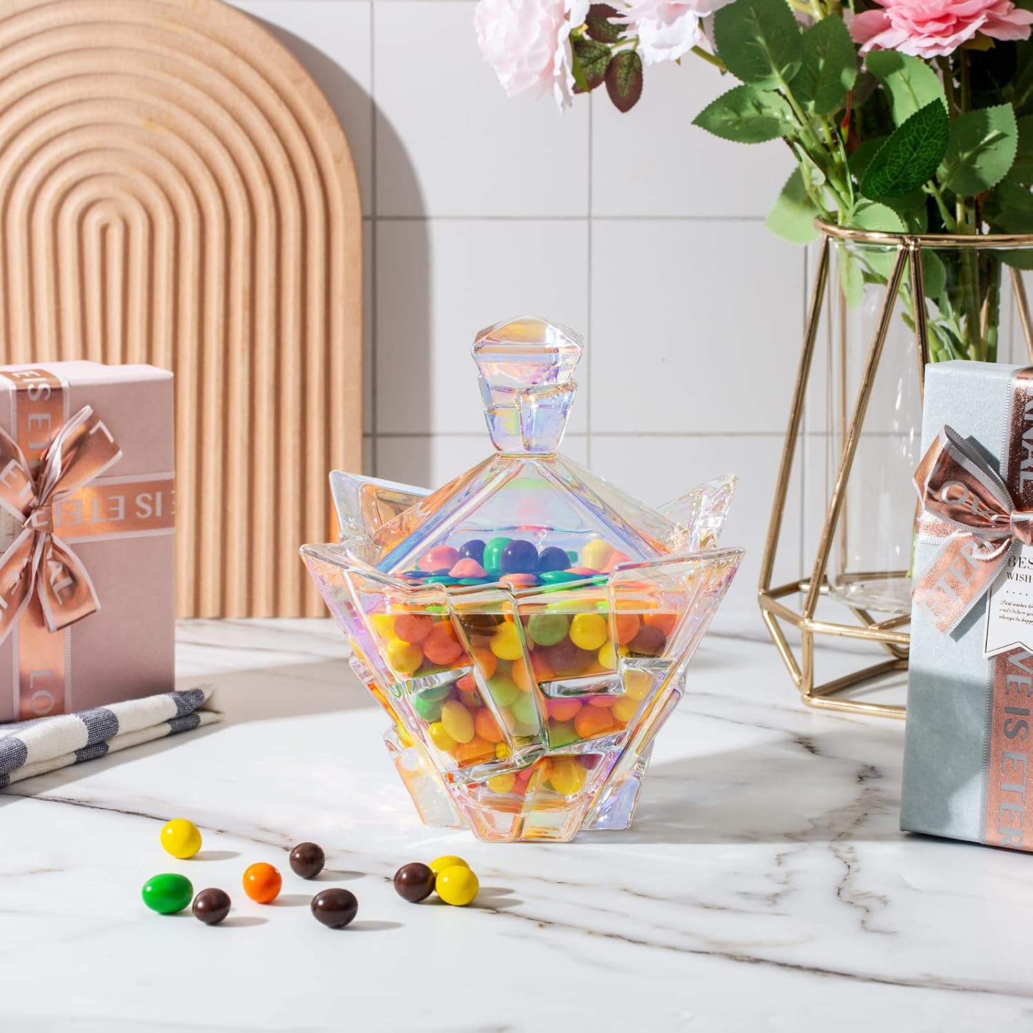 M&N HOME Glass Candy Dish with Lid - Pearl Colored Crystal Candy Bowl, 24 Oz. Extra Large Candy Dish, Unique